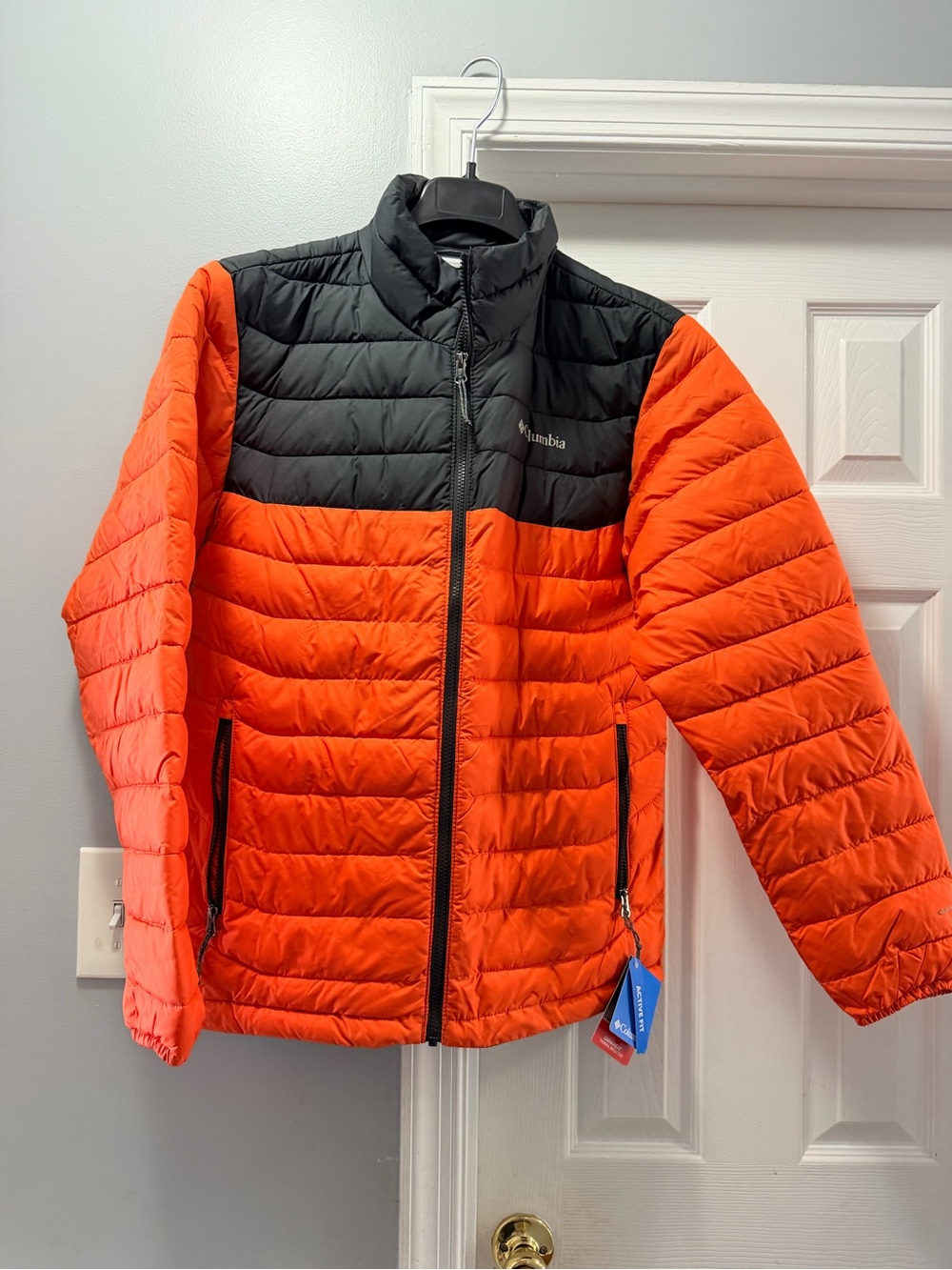 Columbia Bright Orange Puffer with black accent powder lite II active fit Jacket